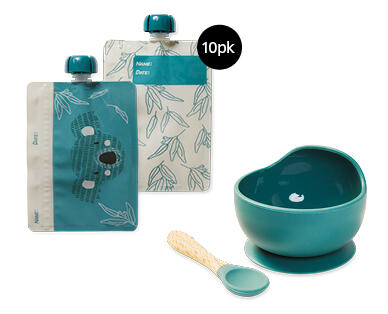 Silicone Bowl and Spoon Set or Reusable Food Pouch 10pk Set