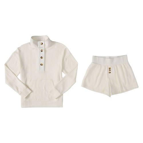 Ladies Relaxed Rib Lounge Set - Cream, S