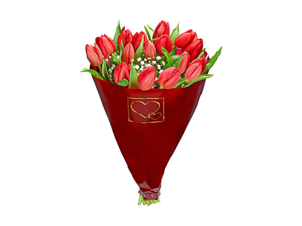 Bouquet de tulipes dans un sachet de Saint Valentin
