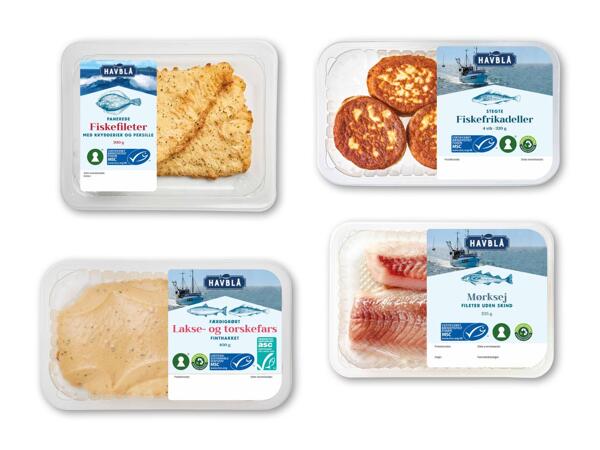 Lakse- og torskefars, panerede fiskefileter eller mørk­sejfilet