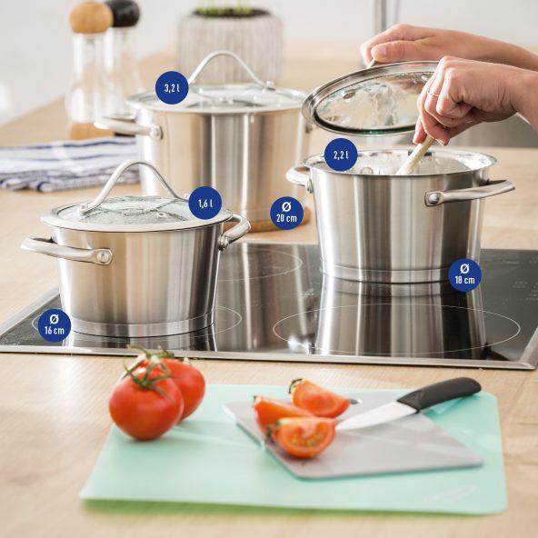 Casseroles à couvercle en verre, 3 pcs