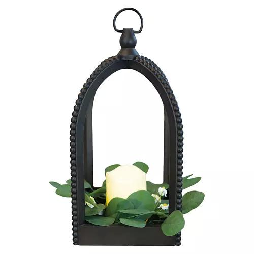 Beaded Lantern with LED Candle - Black, Rounded