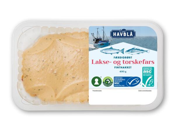 HAVBLÅ Lakse- og torskefars, mørk­sejfilet eller panerede fiskefileter