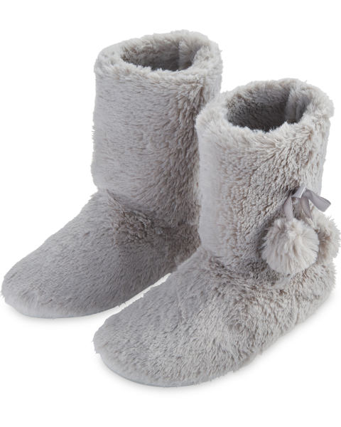 Grey Plush Bow Slipper Boots