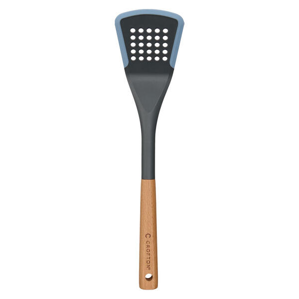 Crofton Blue Slotted Turner Silicone Edge Wooden Utensil