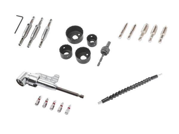 Mèches carbure pour pose de charnières, 4 pièces/Set de scies cloches, 5 pièces/Extracteurs de vis HSS, 5 pièces/Porte-embout à renvoi d'angle avec embouts, 6 pièces/Arbre flexible