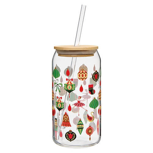 Holiday Glass Cup with Lid - Ornament Icons