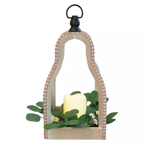 Beaded Lantern with LED Candle - Brown, Curved