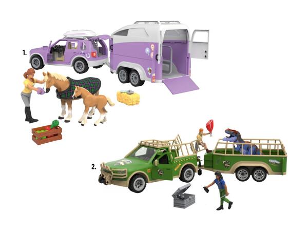 SUV mit Pferdeanhänger/​­Pickup mit Dinoanhänger