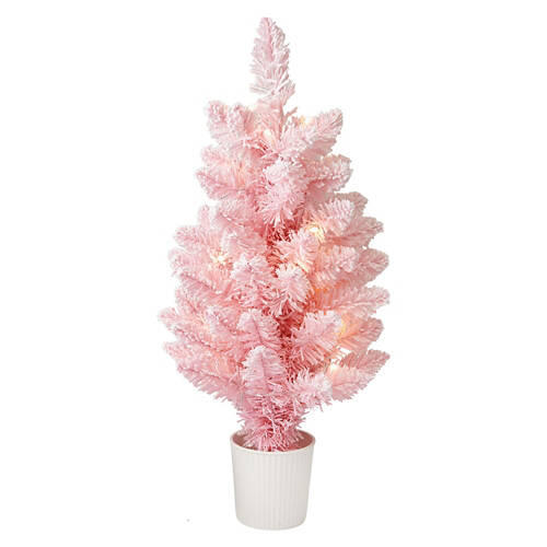 2' Tall Pre Lit LED Tabletop Tree - Pink Flocked