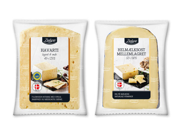 Lagret Havarti 45+ eller mellemlagret helmælksost 52+