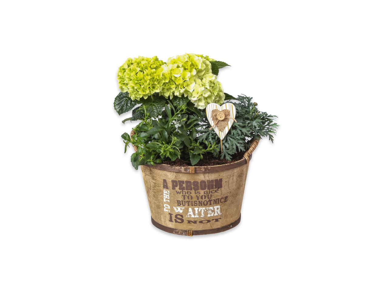 Blomgrupp i träkruka