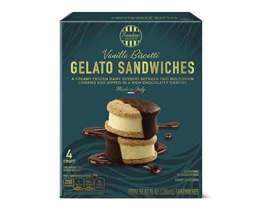Sundae Shoppe 
 Vanilla or Chocolate Biscotti Gelato Dipped Sandwiches