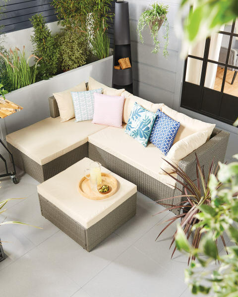 Grey & Cream Rattan Corner Sofa