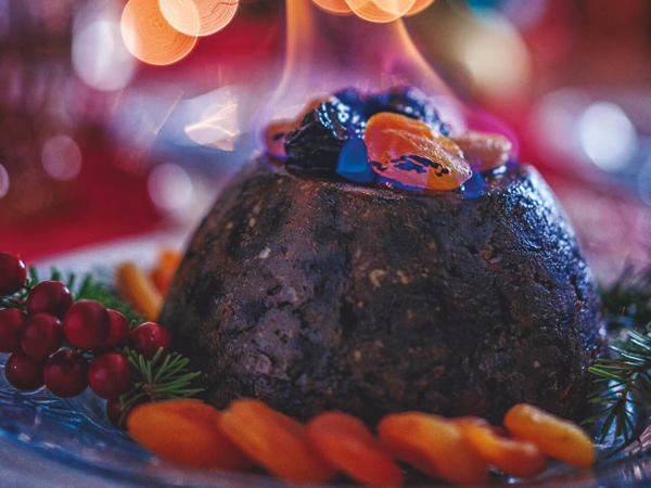 Irish Christmas Pudding with Orange Slices and Cocktail Cherries