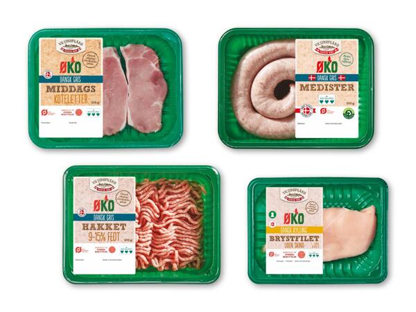 Dansk økologisk medister, middagskoteletter, hakket grisekød eller kyllingebrystfilet