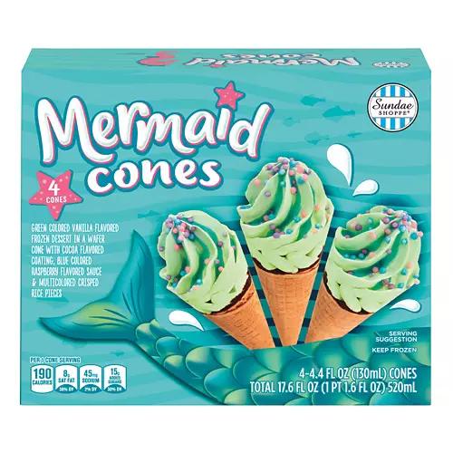 Green Colored Vanilla Flavor Mermaid Cones, 4 count