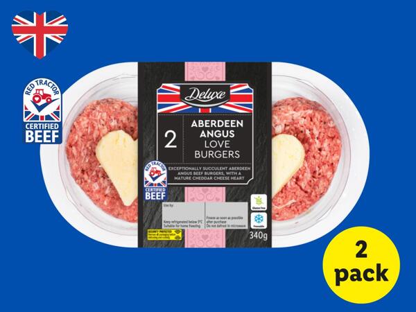 Deluxe 2 Aberdeen Angus British Beef Love Burgers with Cheddar Cheese Heart