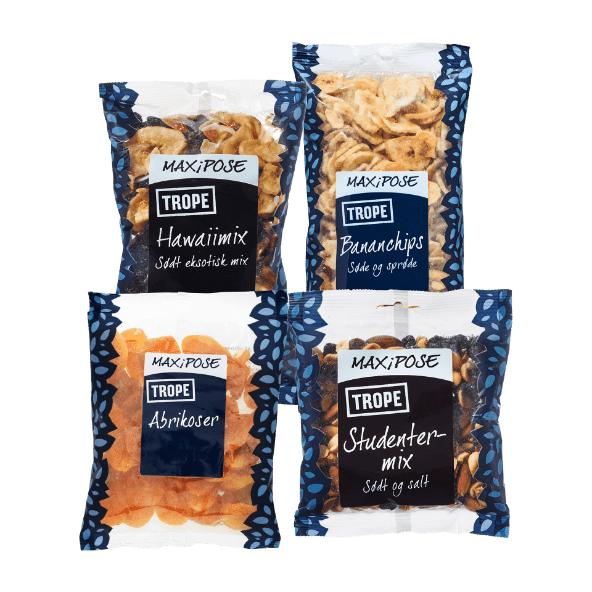 Bananchips, Abrikoser, Hawaiimix eller Studentermix
