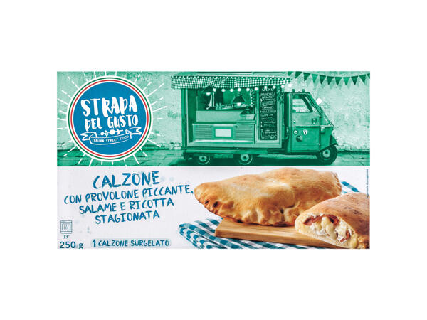 Filled Calzone with spicy Provola cheese, Salami and matured Ricotta