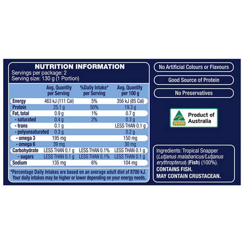 Australian Tropical Snapper Fillets 2 Pack 260g