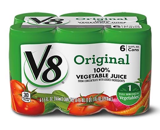 V8 
 100% Juice 6 Pk Regular or Low Sodium