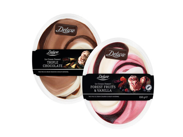 Ice cream dessert with vanilla&forest fruit or triple chocolate