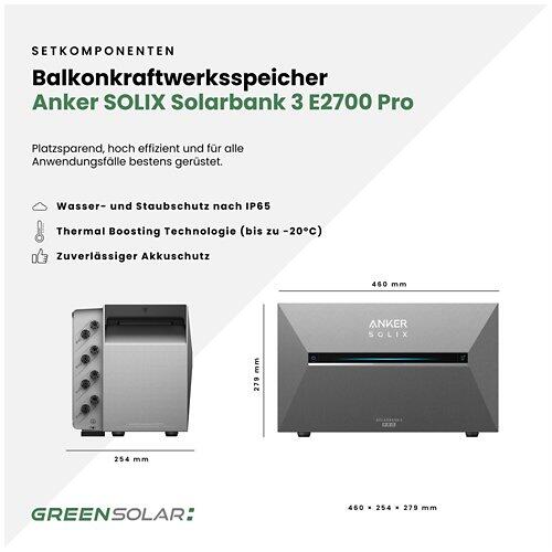 GREEN SOLAR Balkonkraftwerk Balkon 900/800 W mit Anker Solix 3 Speicher