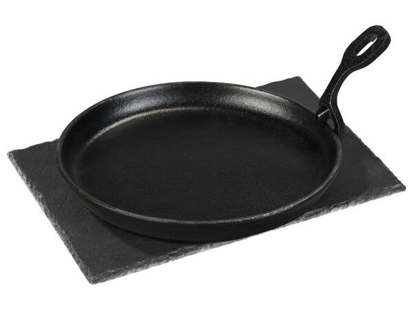 Litinová servírovací pánev s břidlicovou deskou / Lis na hamburgery / Lis na maso