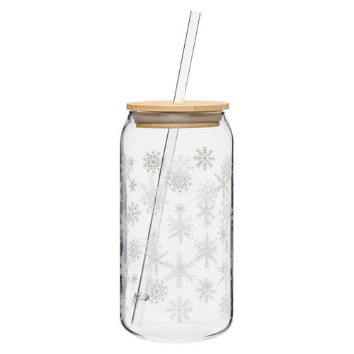 Holiday Glass Cup with Lid - Snowflake Icons