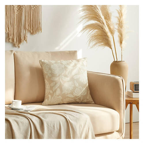 Coastal Decorative Pillow - Beige Floral Piped Edge