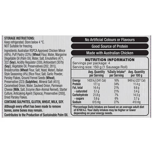 Italian Style RSPCA Approved Chicken Sausage Rolls 600g