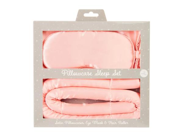 Satin Pillow Cases, Eyemask & Satin Hair Roll Set - Pink