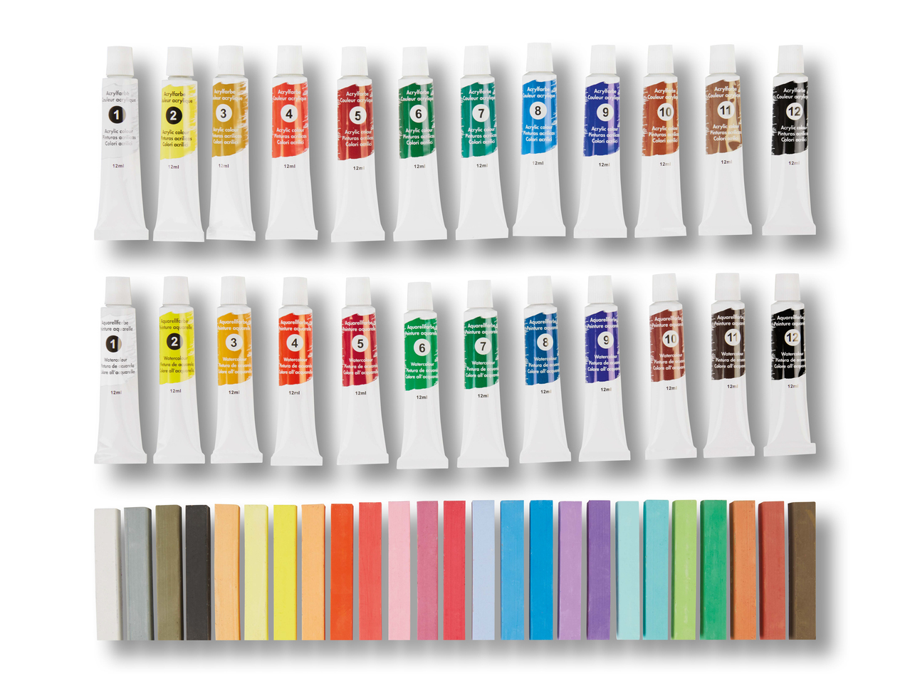 Peintures acryliques, lot de 12/ Peinture aquarelle, lot de 12/ Craies pastel, lot de 25