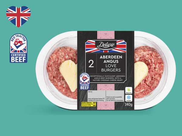 Deluxe 2 Aberdeen Angus Beef Love Burgers with Mature Cheddar Cheese ...