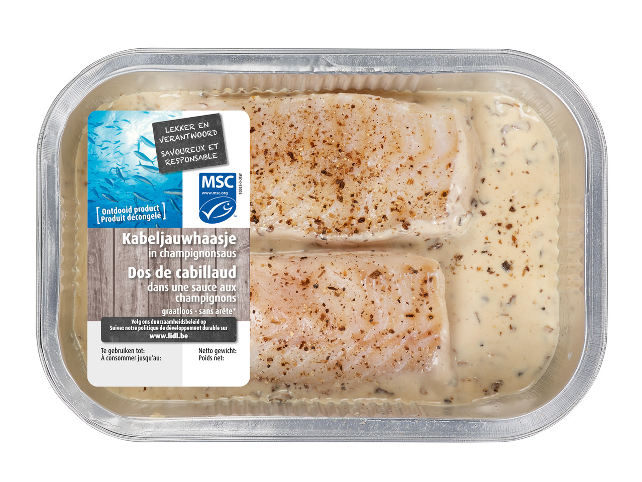 Kabeljauwhaasjes in champignonsaus