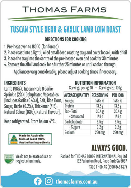 Tuscan Herb & Garlic Lamb Loin Roast