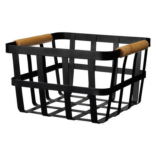 Metal Basket with Wood Handles, Black