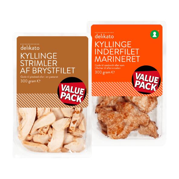 DELIKATO 	 				Kyllingestrimler eller marineret kyllingeinderfilet