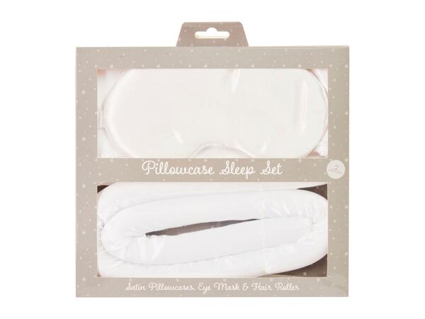 Satin Pillow Cases, Eyemask & Satin Hair Roll Set - White