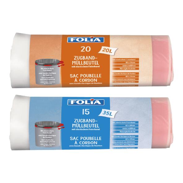 FOLIA(R) 				Zugband-Müllbeutel mit elastischem Befestigungsband