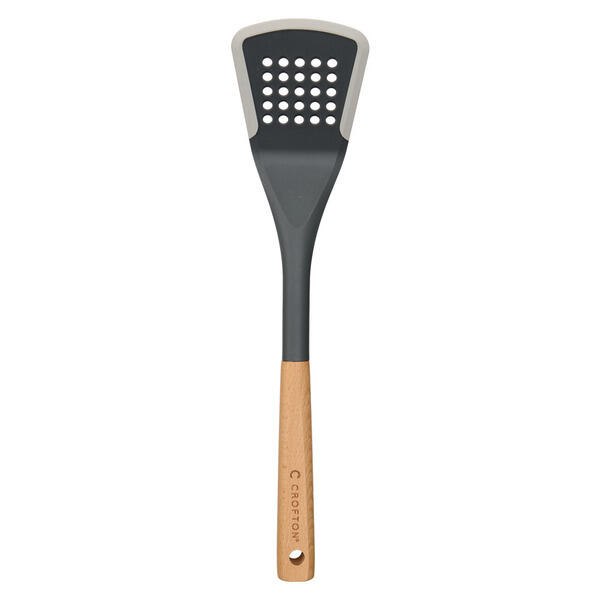 Crofton Gray Slotted Turner Silicone Edge Wooden Utensil