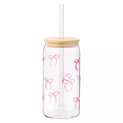 16 oz Glass Cup with Straw - Pink Bows