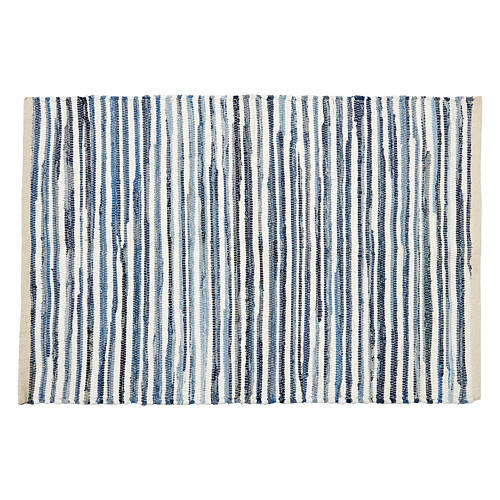 30" x 46" Hand Woven Chindi Rug - Denim/White