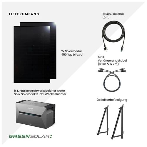 GREEN SOLAR Balkonkraftwerk Balkon 900/800 W mit Anker Solix 3 Speicher