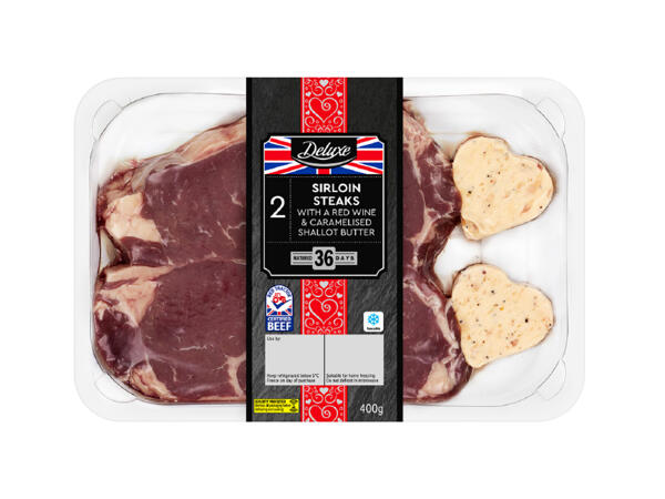 Deluxe 36 Day Matured British Sirloin Steaks with Prosecco & Pomegranate Butter or Red Wine & Caramelised Shallot Butter