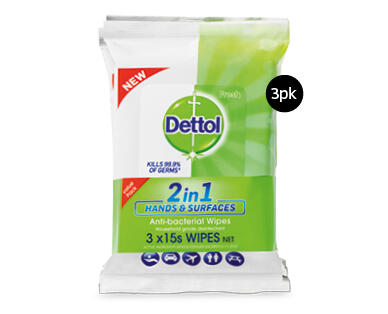 Dettol 2 in 1 Hands & Surfaces Anti-bacterial Wipes 3 x 15pk