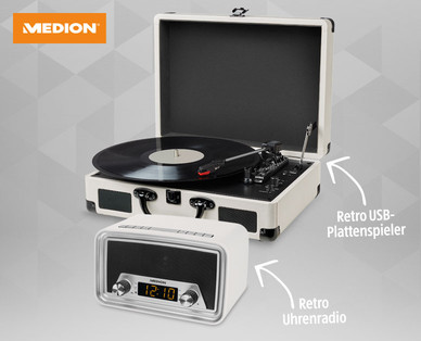 MEDION Retro USB-Plattenspieler / Retro Uhrenradio