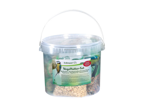Vogelfutter-Set im Plastikeimer