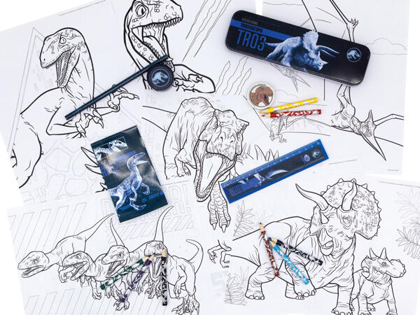 Case with stationery items and coloring pages "Frozen, Minions, Spiderman, Jurassic World"